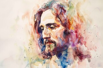 Watercolor portrait of Jesus Christ showing an expression of divine love and understanding.