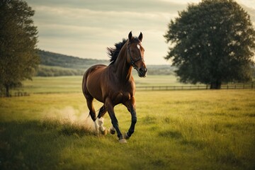 bay horse running on a meadow