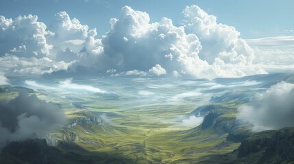 The serene and solitary journey of a cloud shadow moving across an expansive, sunlit valley, highlighting the fluidity and scale of the landscape - obrazy, fototapety, plakaty