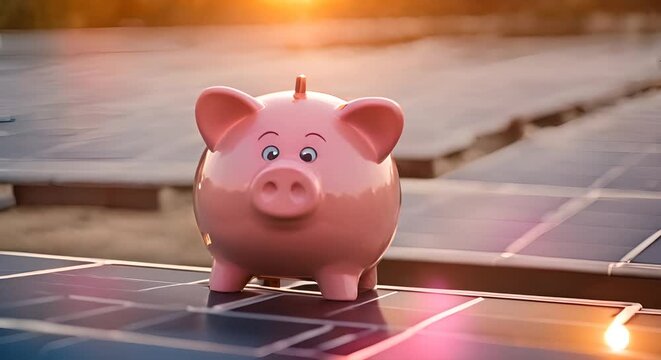Piggy bank on top of a solar panel.	
