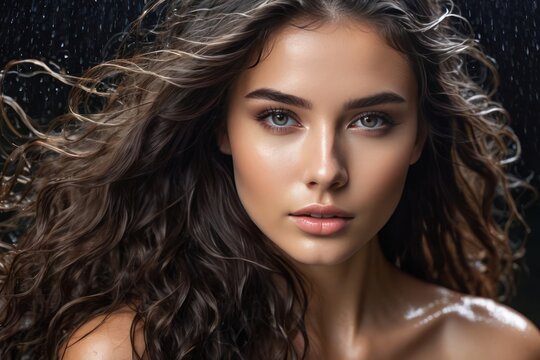 Portrait beautiful model woman with wet flowing healthy long hair and beauty skin, water splashes in the dark background. Generative AI