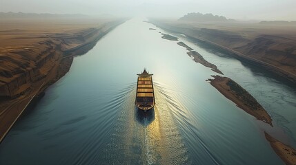 The solitary journey of a cargo ship navigating through the vastness of the Suez Canal, framed by the enormity of Earth's landscapes.