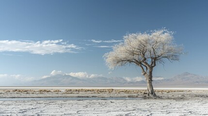 Capturing the lonely grace of a lone deceased tree in Bolivia's salt flats, highlighting the immense and desolate expanse.