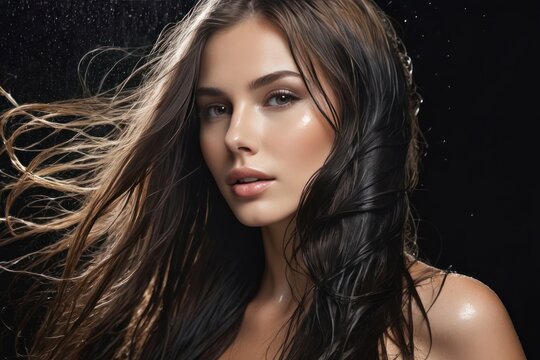 Portrait beautiful model woman with wet flowing healthy long hair and beauty skin, water splashes in the dark background. Generative AI