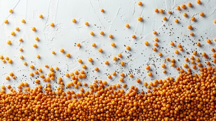 Bright yellow mustard seeds scattered across a pure white backdrop, offering a visual and sensory promise of tangy, spicy undertones in dishes.  - obrazy, fototapety, plakaty