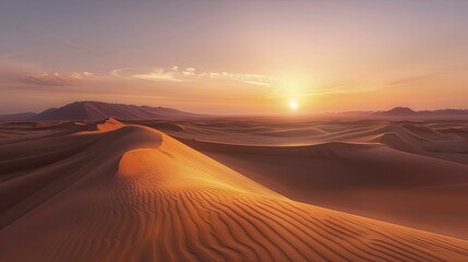 The tranquil solitude of dawn in the desert, with the first light painting vast sand dunes in warm, golden hues.