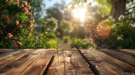 Naklejka na ściany i meble A rustic wooden table foregrounds a blur of colorful garden flowers bathed in sunlight.