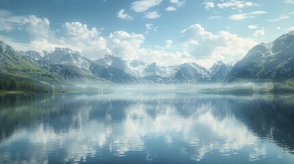 In that tranquil high-altitude lake, the towering mountains and vast sky find peaceful reflection, embodying serene isolation. - obrazy, fototapety, plakaty