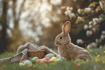 Fototapeta na wymiar A brown Easter bunny sits on the green grass with colorful eggs in front of it, a basket is lying next to him, flowers and trees can be seen behind him Generative AI