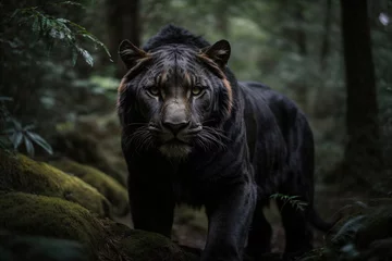 Fotobehang a black panther in the dark forest © juanpablo