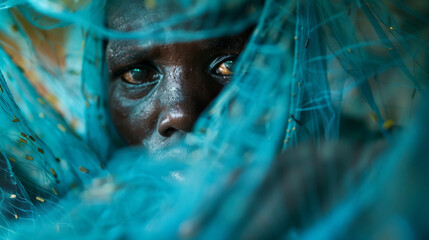 A woman with a blue cloth covering her face
