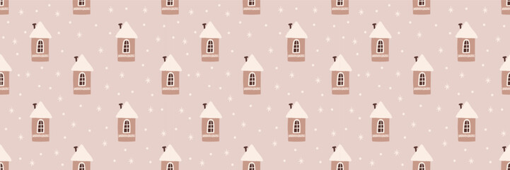 Fototapeta na wymiar Cute winter Christmas Scandinavian house vector seamless pattern. Whimsy holly Xmas abstract modern hygge festive background. Seasonal winter holidays geometric graphic design