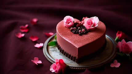 a heart shaped cake with raspberries on a plate