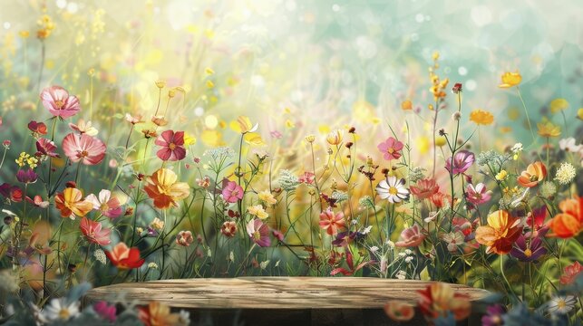 Enhance your artisanal products with a vibrant watercolor podium against a blooming spring meadow backdrop for captivating displays.