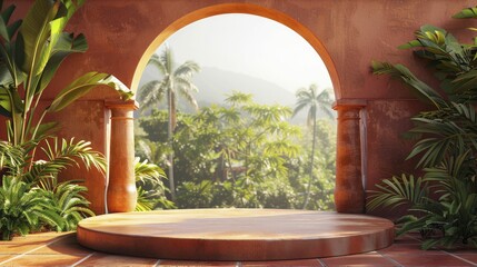 Enhance your artisanal products with a picturesque backdrop of a Mediterranean Villa Terrace on a Warm Terracotta Podium.