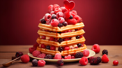 a stack of waffles with raspberries and blueberries