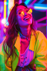portrait of a happy woman in colorful neon light