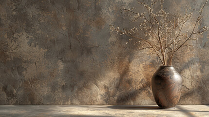 Interior background of room with brown stucco wall and vase with branch 3d rendering.