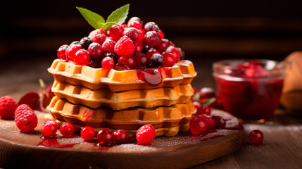 a stack of waffles with raspberries and blueberries