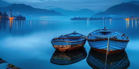 Twilight Serenity with Antique Boats on Lake - obrazy, fototapety, plakaty