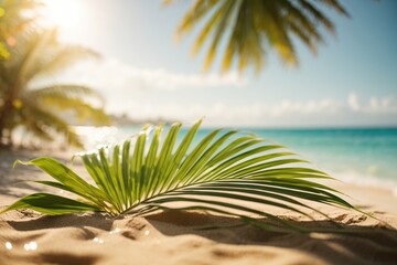 blur palm leaf on tropical beach with sun