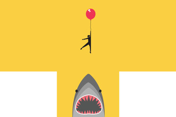 businessman fly with balloon through the gap. Concept of success, motivation, goal, professional growth