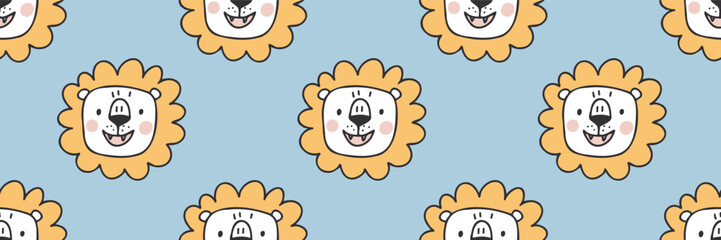 Fototapeta premium Cute cartoon nursery seamless pattern. Vector safari print. Cute African lion animal characters. Baby childish background for boys