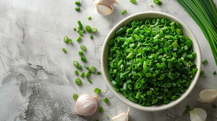 Bright white backdrop accentuating the green freshness of chopped chives, offering a visual promise of their mild, onion-like flavor to enhance dishes - obrazy, fototapety, plakaty