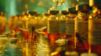 A bug is on a table with many bottles of medicine