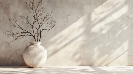 Interior background of room with stucco wall and vase with branch 3d rendering.