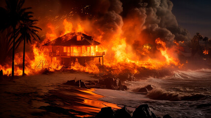 a house on fire with a lot of smoke coming out of it - obrazy, fototapety, plakaty