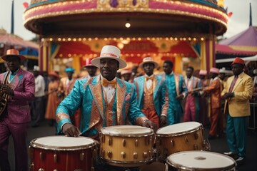 Fototapeta na wymiar carnival music played on drums by colorfully dressed