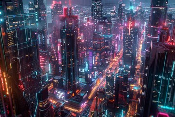 A futuristic metropolis governed by AI algorithms ensuring optimal resource distribution and social harmony