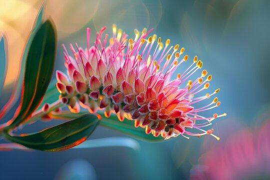 A detailed view of a pink Hakea flower, showcasing its vibrant color and intricate details, surrounded by lush green leaves in the background.