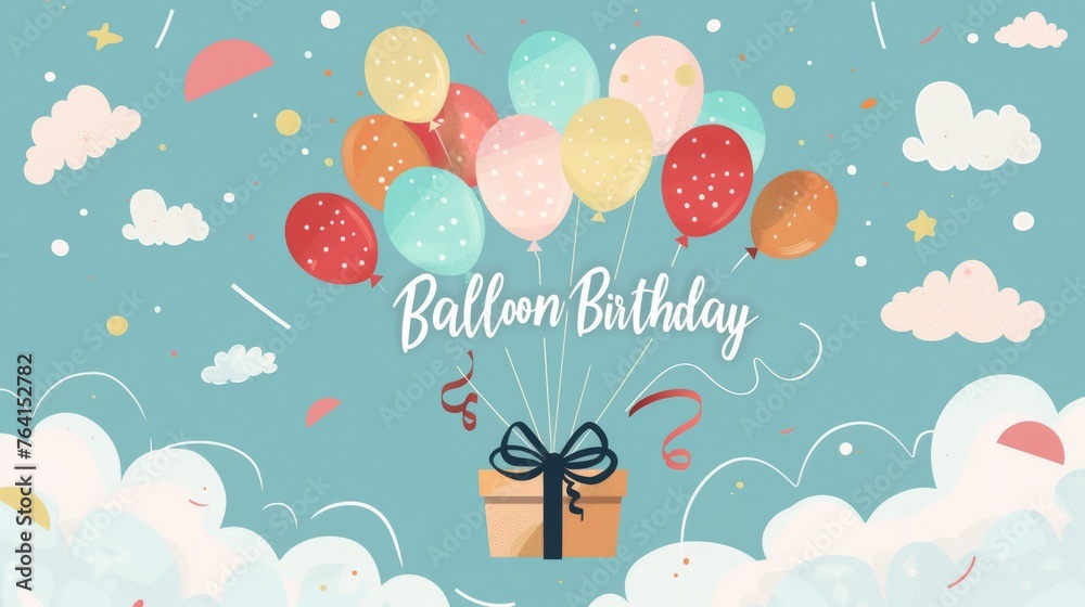 Aufkleber a birthday card featuring a graphic of colorful balloons floating in the sky. the balloons are tied 