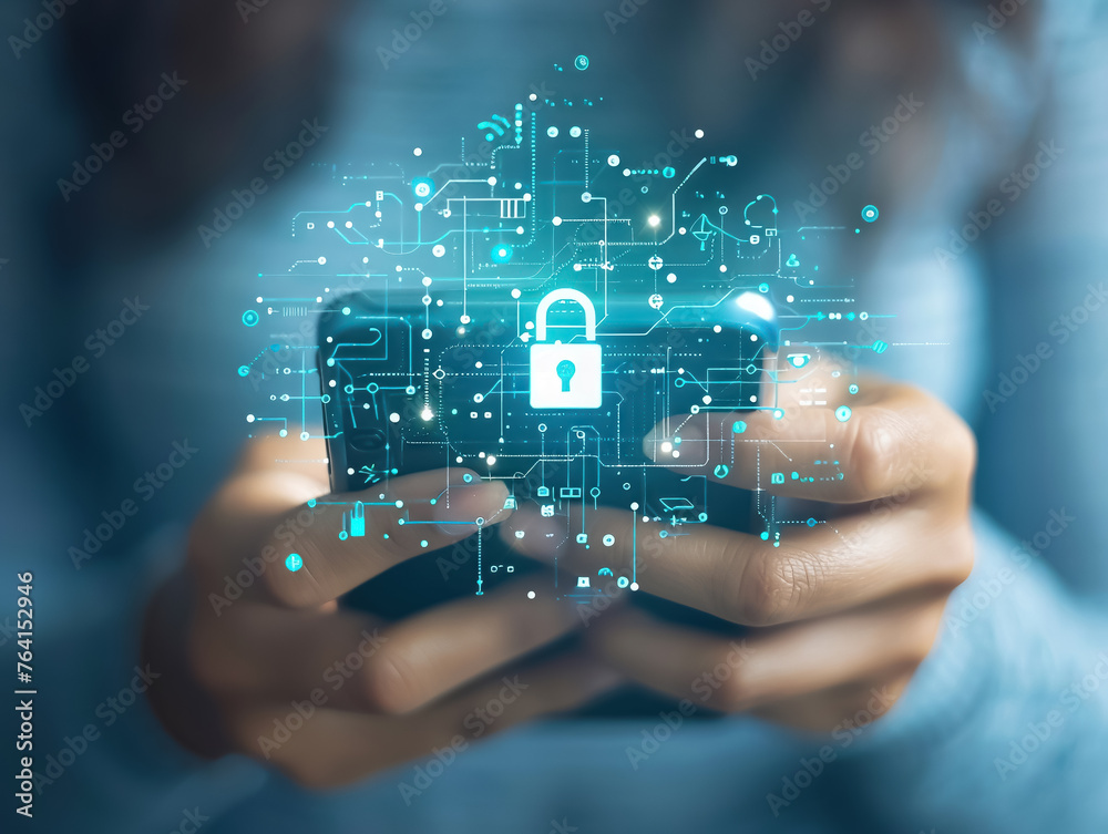 Aufkleber Hands interacting with advanced cyber security interface on a smartphone