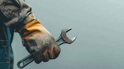 Mechanic is holding wrench in the hand, repair service at car workshop garage