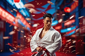 active young man karate fighter in white in blue and red background - obrazy, fototapety, plakaty