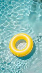 Obraz premium Yellow inflatable ring on clear beautiful water. Summer time concept. Template, copy space, rest, vacation.