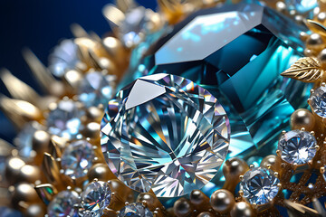 Blue Cut gems as textured background. Close-up of blue cubic Zirconia or diamond gemstone with beautiful shiny background. - obrazy, fototapety, plakaty