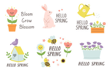 Hello spring designs set with cute nature elements. Template for cards, posters, postcards, prints and stickers