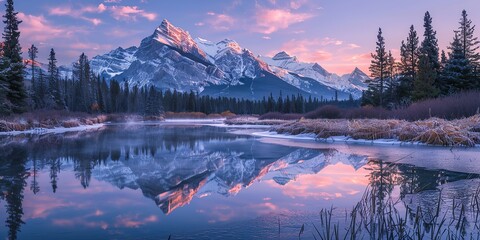 Frozen lake and mountains at dusk - obrazy, fototapety, plakaty