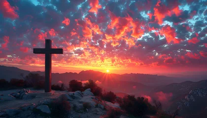 Abwaschbare Fototapete A dramatic and colorful sunset with a cross of Jesus Christ in the foreground, symbolizing spirituality and faith. Suitable for religious events and worship-related content. © Jhon