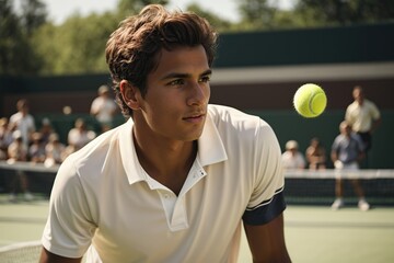 determined young male tennis player playing tennis