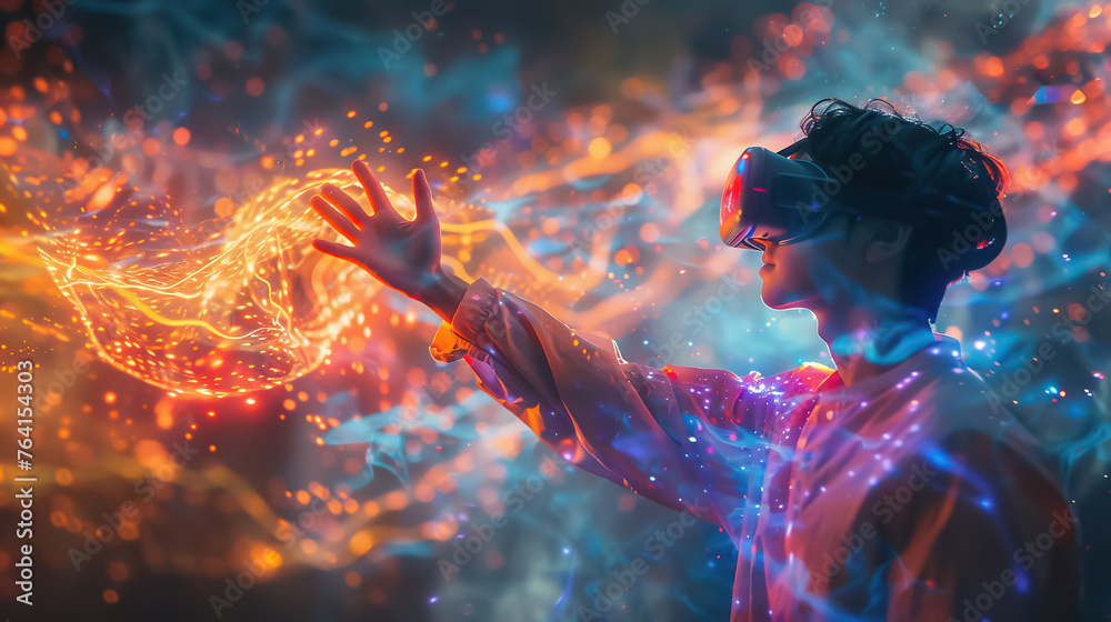 Poster vibrant virtual reality experience with dynamic light effects, symbolizing digital innovation