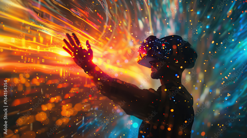 Poster vibrant virtual reality experience with dynamic light effects, symbolizing digital innovation