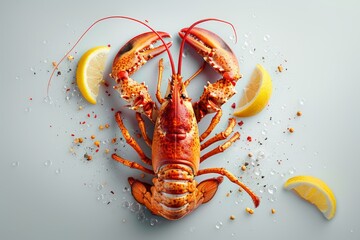 lobster steak, Crustacean with vivid hues, spritzed with water, citrus slices, and spices on pale surface. striking coloration, droplets scattered, lemon wedges, and seasonings on neutral background. - obrazy, fototapety, plakaty