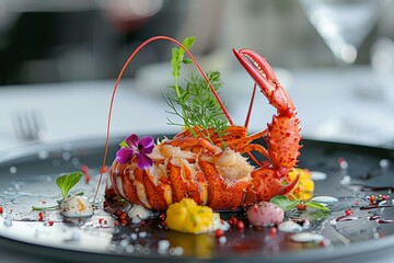 lobster steak, Elegant lobster dish garnished with a flower, herbs, and spheres on a modern plate,...