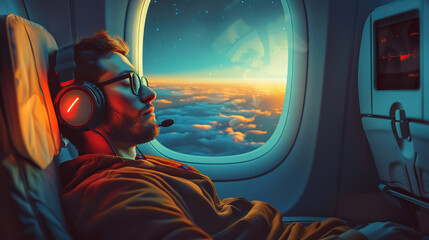 Peaceful man enjoying a music-filled flight, basking in the golden sunlight by the airplane window