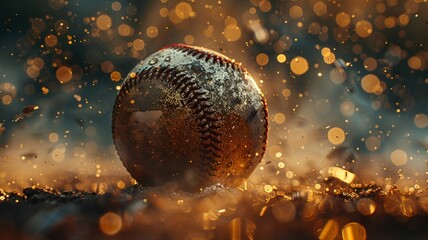 Fototapeta na wymiar Vintage baseball amidst a magical dance of glitter and bokeh lights